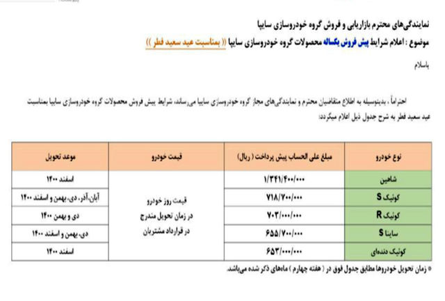 پیش فروش محصولات شرکت سایپا ویژه عید فطر + جدول