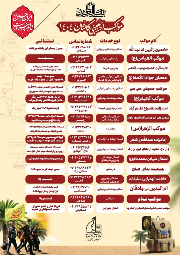 نشانی ۱۷ موکب شهرستان کاشان در عراق برای اسکان و پذیرایی